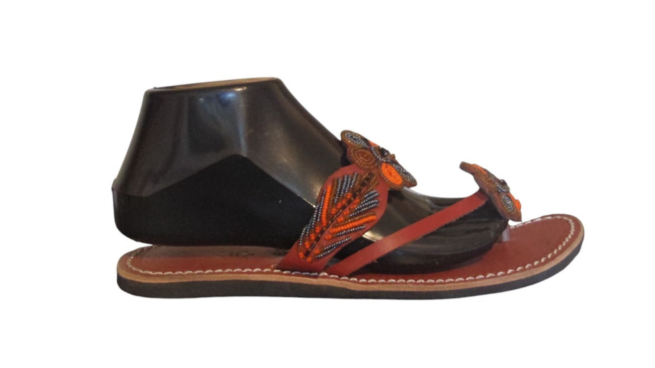 Sandale africaine fleurie et perlée noire orange - ASARRO